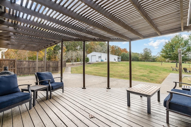 wooden deck featuring a lawn, an outdoor hangout area, and a pergola