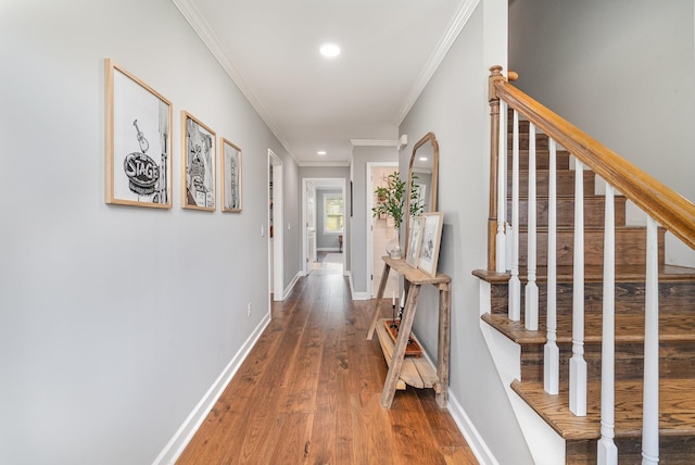 hallway featuring hardwood / wood-style floors and ornamental molding