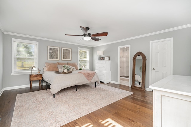 bedroom with ceiling fan, dark hardwood / wood-style flooring, ornamental molding, and connected bathroom