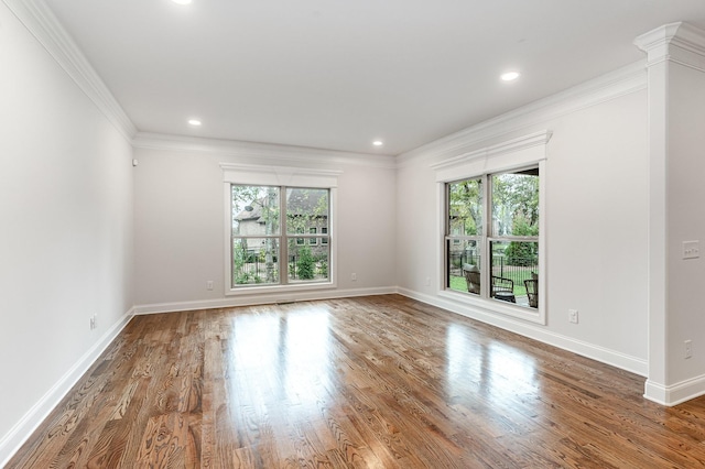 empty room featuring wood-type flooring and ornamental molding