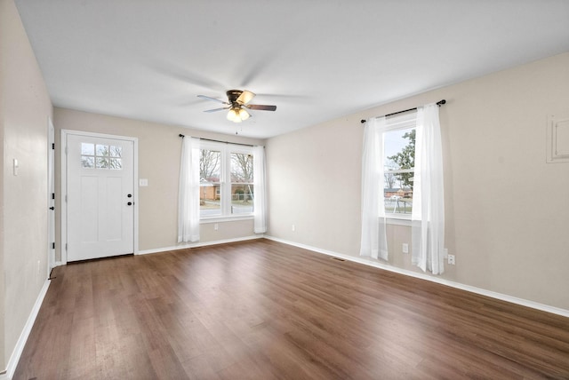 foyer entrance featuring dark hardwood / wood-style flooring and ceiling fan