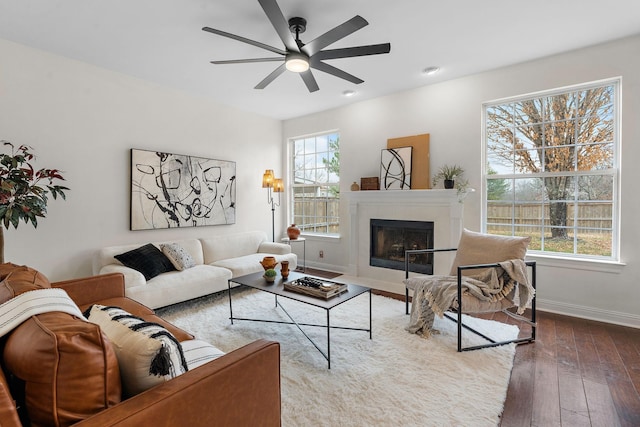 living room featuring hardwood / wood-style floors and ceiling fan