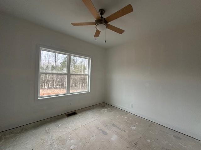 empty room with ceiling fan and visible vents