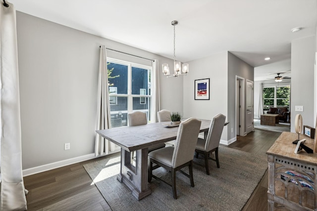 dining room with ceiling fan with notable chandelier and dark hardwood / wood-style flooring