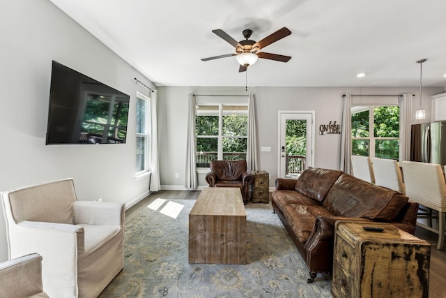 living room with ceiling fan and dark wood-type flooring