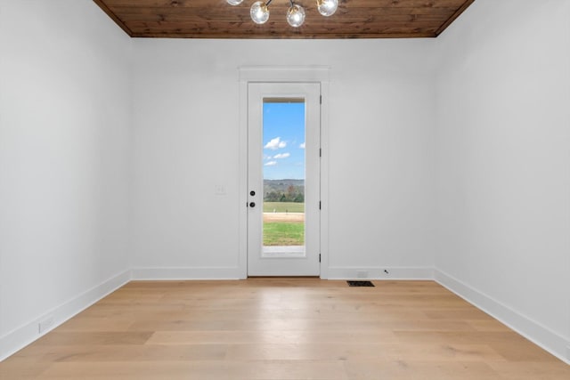 unfurnished room with light hardwood / wood-style floors and wooden ceiling