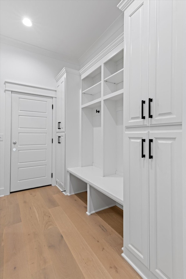 mudroom with light hardwood / wood-style flooring