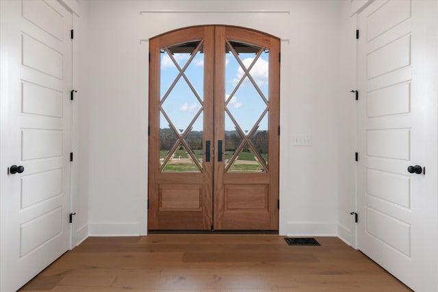 foyer featuring a mountain view, hardwood / wood-style floors, and a healthy amount of sunlight