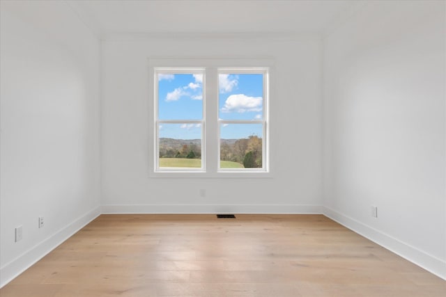 empty room with light hardwood / wood-style flooring and ornamental molding