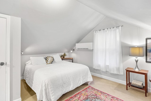 carpeted bedroom featuring an AC wall unit and lofted ceiling