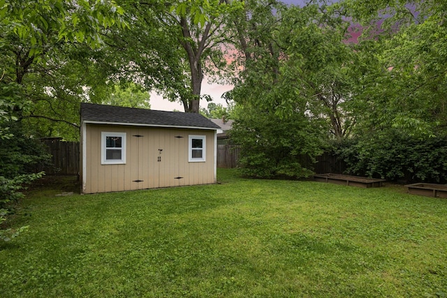 outdoor structure at dusk with a lawn