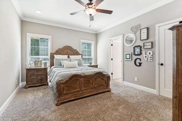 bedroom featuring multiple windows, ceiling fan, carpet, and ornamental molding