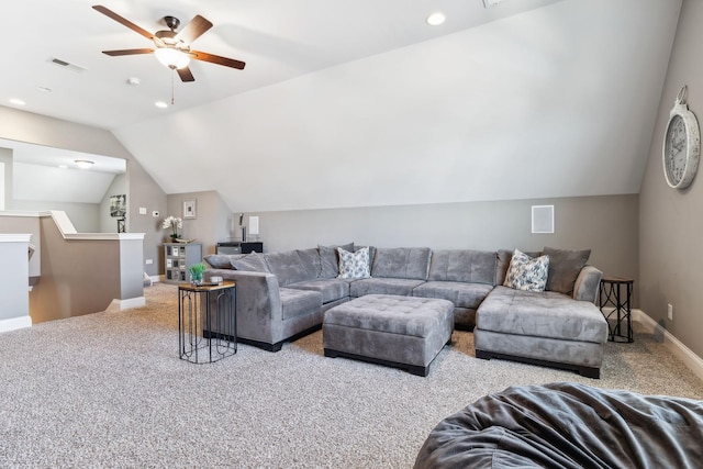 living room featuring light carpet, ceiling fan, and lofted ceiling