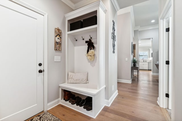 mudroom featuring light hardwood / wood-style flooring and crown molding