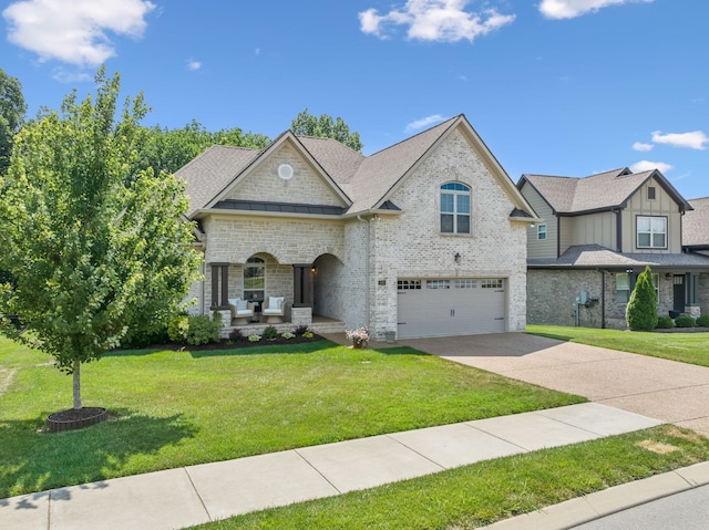 view of front of house with a porch, a front yard, and a garage