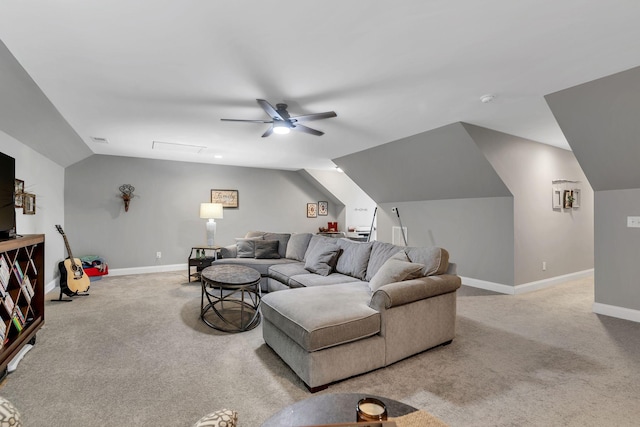 carpeted living room featuring ceiling fan and lofted ceiling