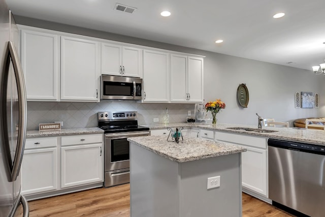 kitchen with sink, stainless steel appliances, a kitchen island, white cabinets, and light wood-type flooring