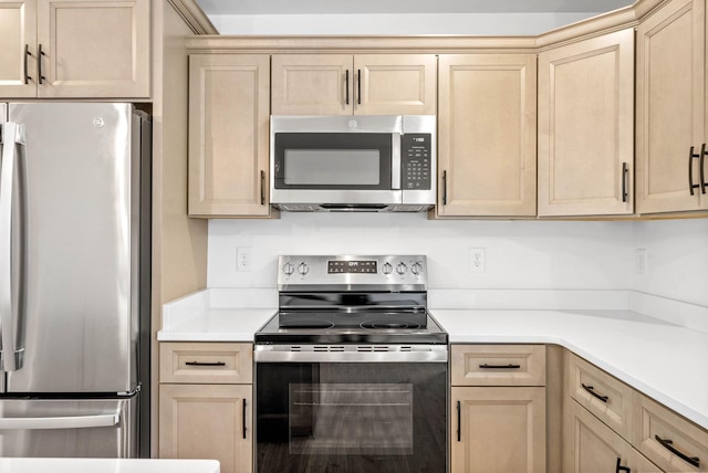 kitchen with light brown cabinets and appliances with stainless steel finishes