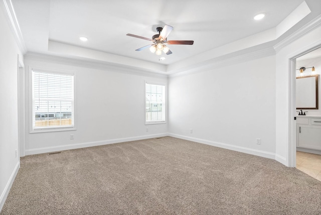 carpeted empty room with a raised ceiling, crown molding, plenty of natural light, and ceiling fan