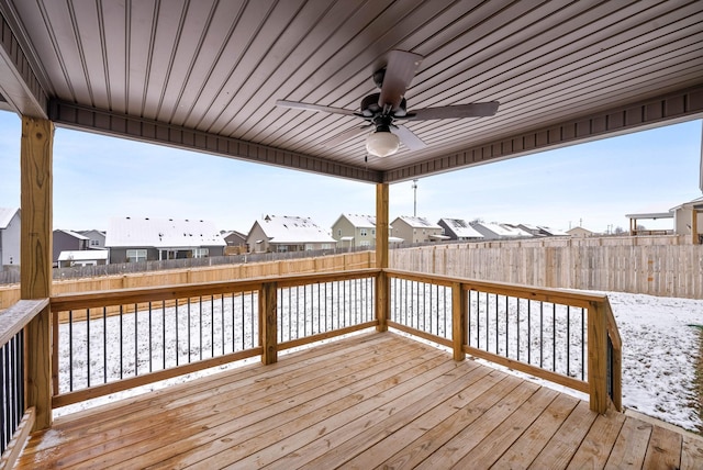 snow covered deck with ceiling fan