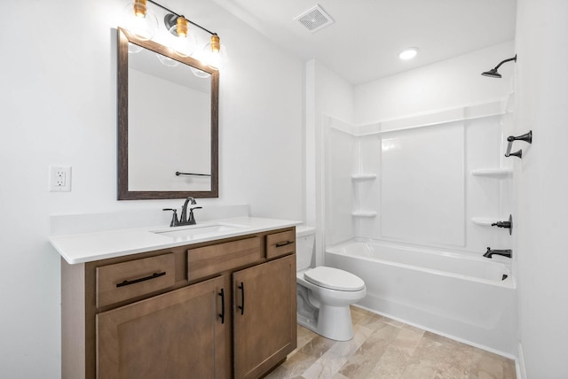 full bathroom featuring  shower combination, visible vents, vanity, and toilet