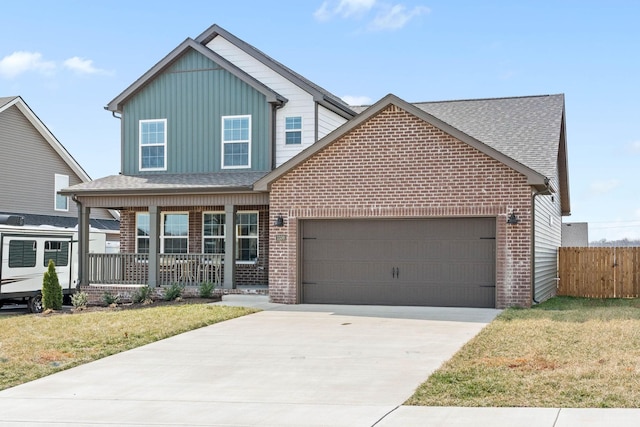 view of front of property featuring an attached garage, brick siding, a porch, and fence