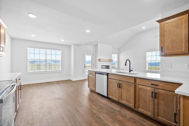 kitchen with dishwasher, wood-type flooring, sink, and vaulted ceiling