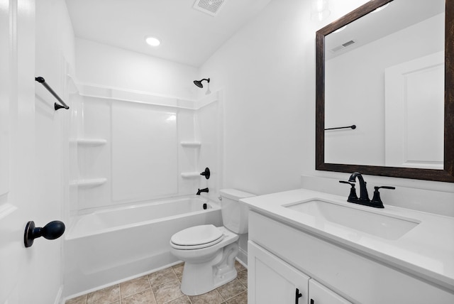 bathroom with visible vents, vanity, toilet, and bathing tub / shower combination