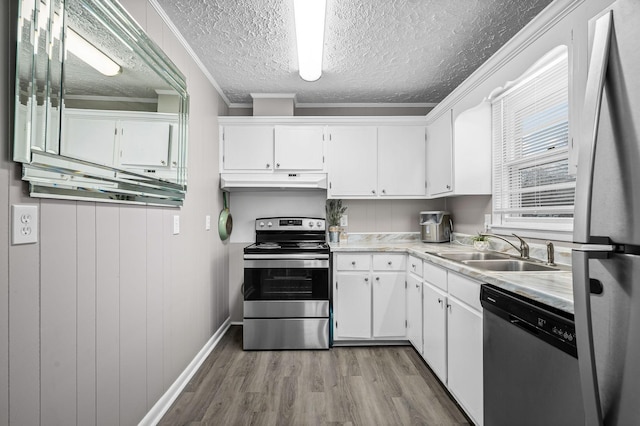 kitchen with white cabinetry, sink, stainless steel appliances, and ornamental molding