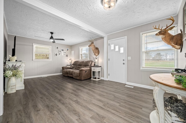 entrance foyer with beam ceiling, a textured ceiling, dark hardwood / wood-style floors, and ceiling fan