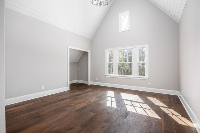 unfurnished living room with dark hardwood / wood-style floors, high vaulted ceiling, and a notable chandelier