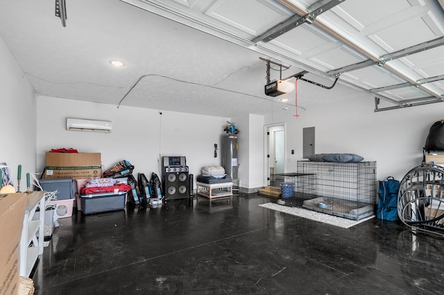 garage with a garage door opener, electric panel, a wall unit AC, and water heater