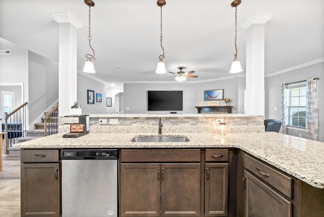 kitchen featuring stainless steel dishwasher, ceiling fan, ornamental molding, dark brown cabinets, and sink