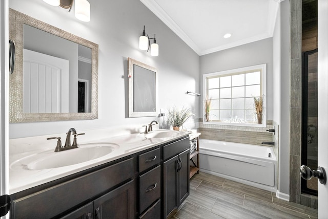 bathroom with ornamental molding, vanity, and a bathing tub