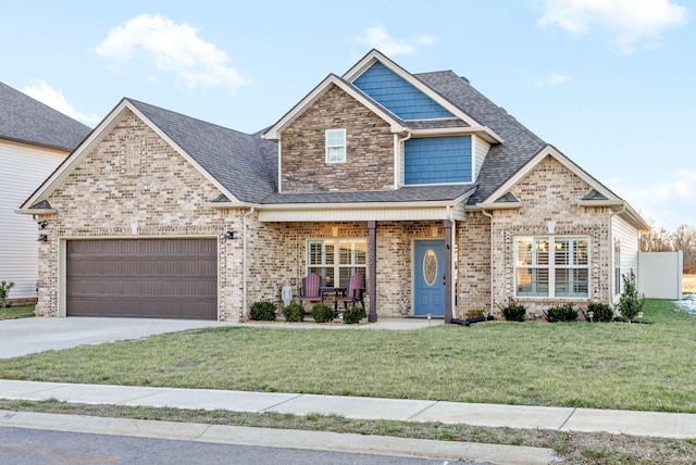 craftsman-style house with a garage, a porch, and a front lawn