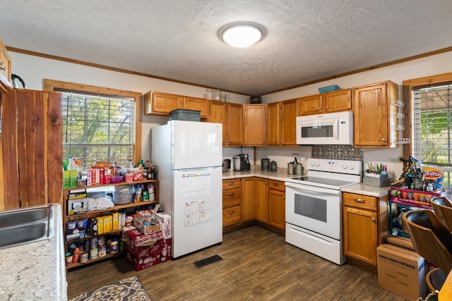 kitchen featuring a textured ceiling, white appliances, plenty of natural light, and crown molding