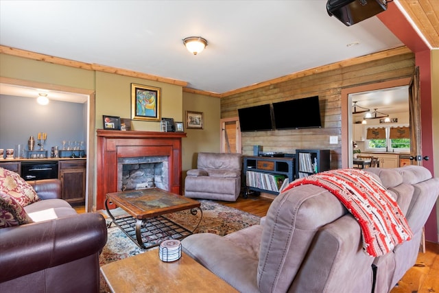 living room featuring wood walls and hardwood / wood-style flooring