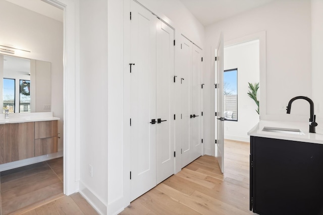 bathroom with hardwood / wood-style floors and vanity