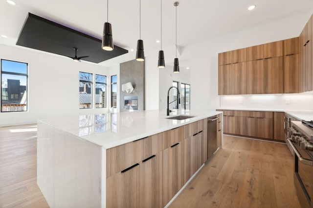 kitchen featuring light wood-type flooring, stainless steel appliances, sink, a large island with sink, and decorative light fixtures