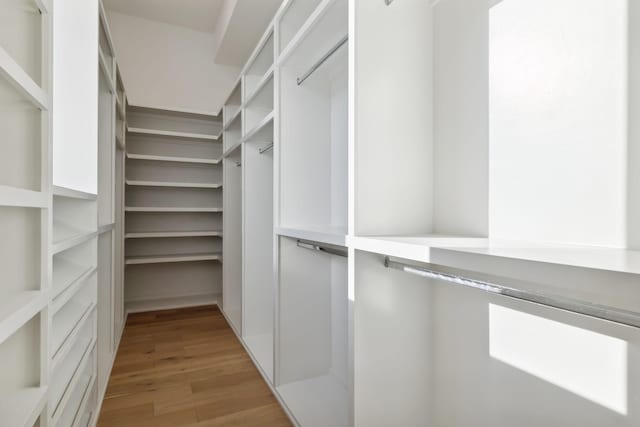 walk in closet with light hardwood / wood-style floors