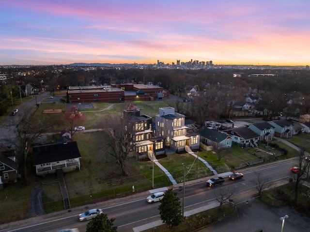 view of aerial view at dusk