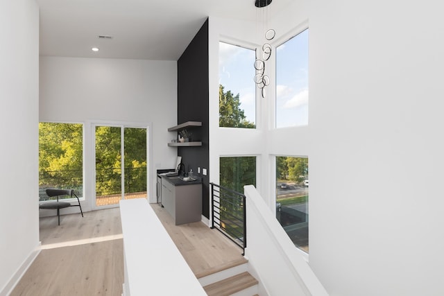 entryway with light wood-type flooring and a towering ceiling