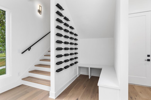 staircase with lofted ceiling, a healthy amount of sunlight, and wood-type flooring