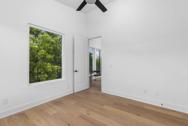 spare room featuring ceiling fan, light hardwood / wood-style flooring, and plenty of natural light