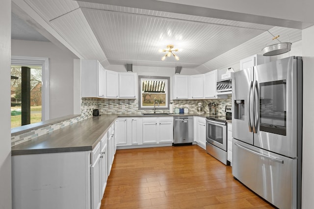 kitchen featuring sink, tasteful backsplash, appliances with stainless steel finishes, white cabinets, and light wood-type flooring