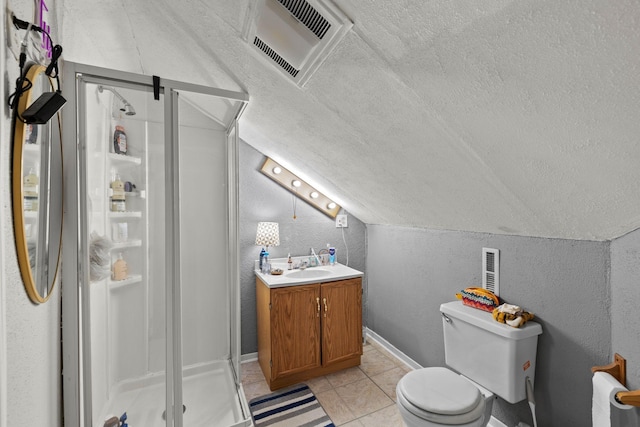 bathroom with tile patterned flooring, vaulted ceiling, toilet, vanity, and a shower with shower door