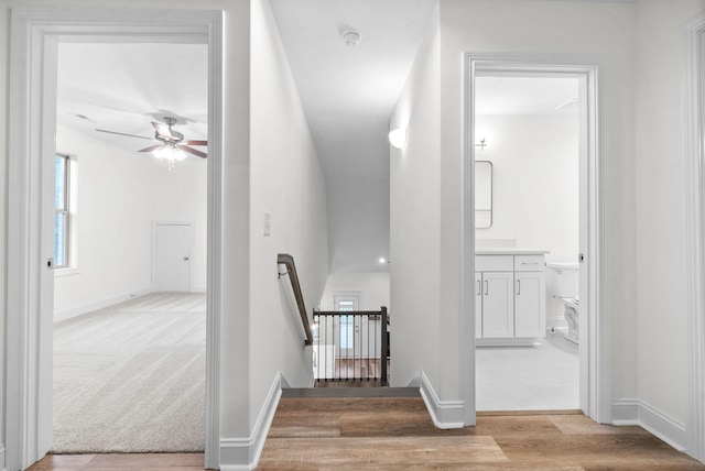 stairway with ceiling fan and wood-type flooring