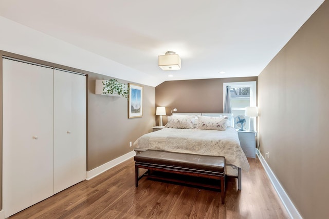 bedroom featuring a closet, lofted ceiling, and hardwood / wood-style floors