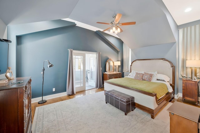 bedroom with ceiling fan, access to exterior, lofted ceiling, and light hardwood / wood-style floors