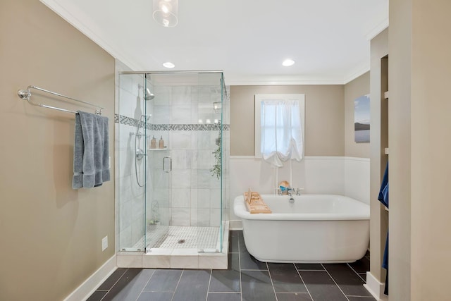 bathroom featuring plus walk in shower, tile patterned flooring, and crown molding